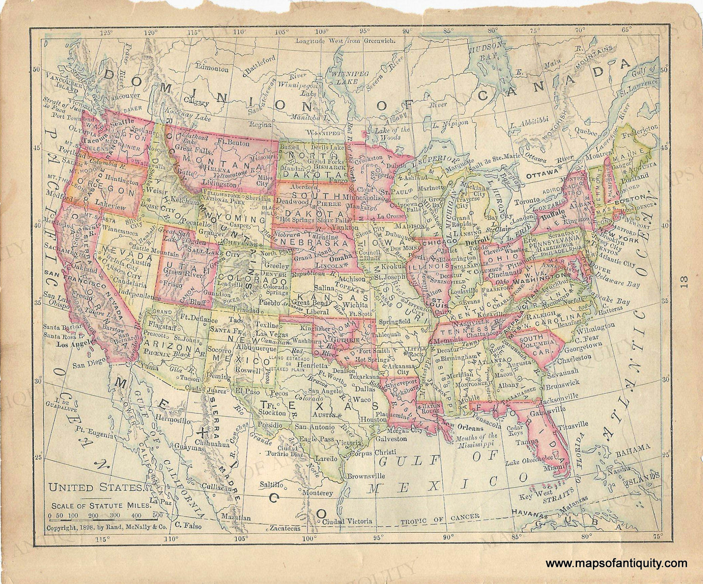 Antique map with original color in tones of pink, green, yellow, and orange. map of the United States with colored states on a toned background. Genuine-Antique-Map-United-States-1900-Rand-McNally-Maps-Of-Antiquity