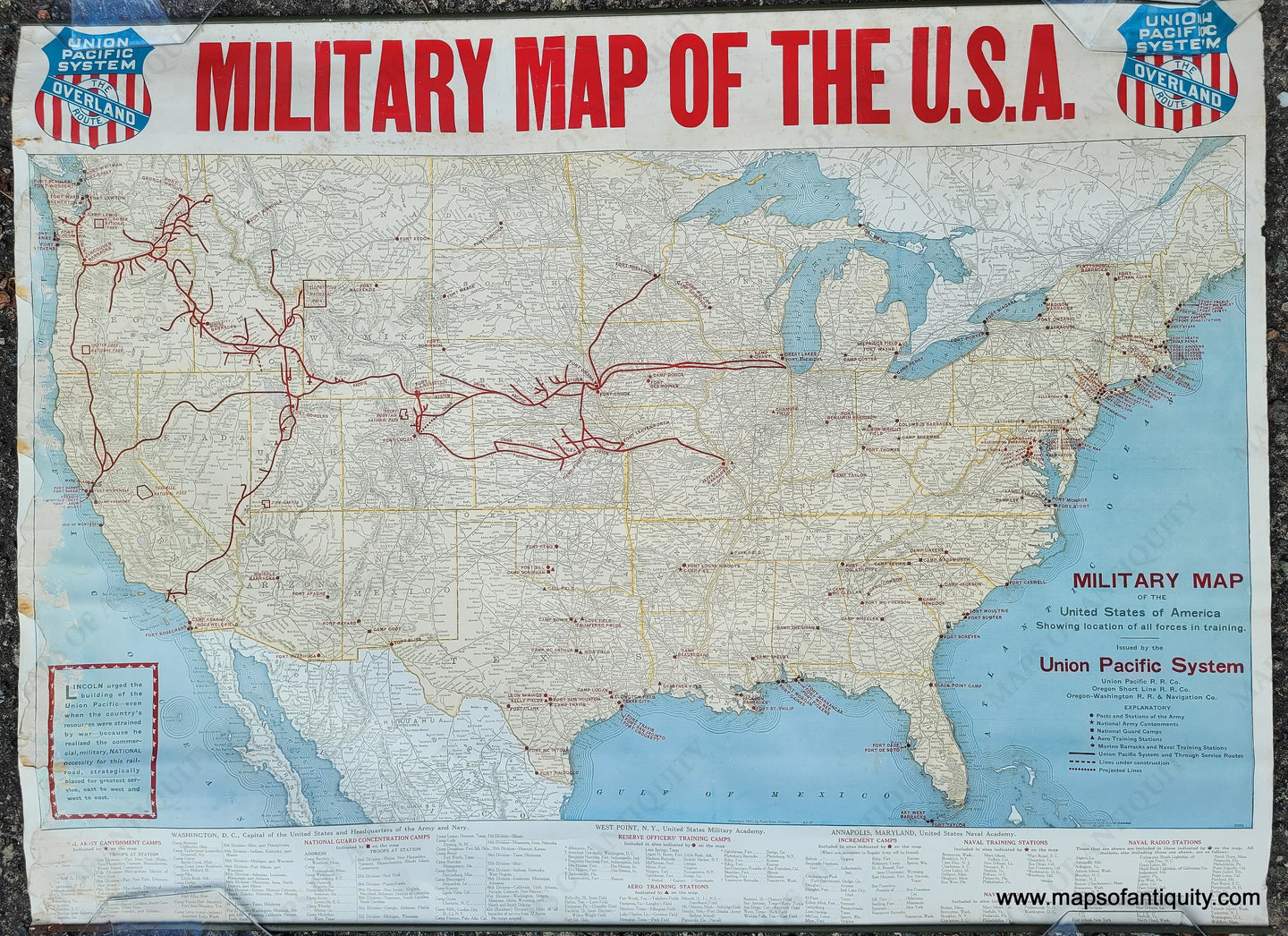 Genuine-Antique-Map-Military-Map-of-the-United-States-of-America-Showing-location-of-all-forces-in-training--1917-Poole-Brothers---Union-Pacific-System-Maps-Of-Antiquity