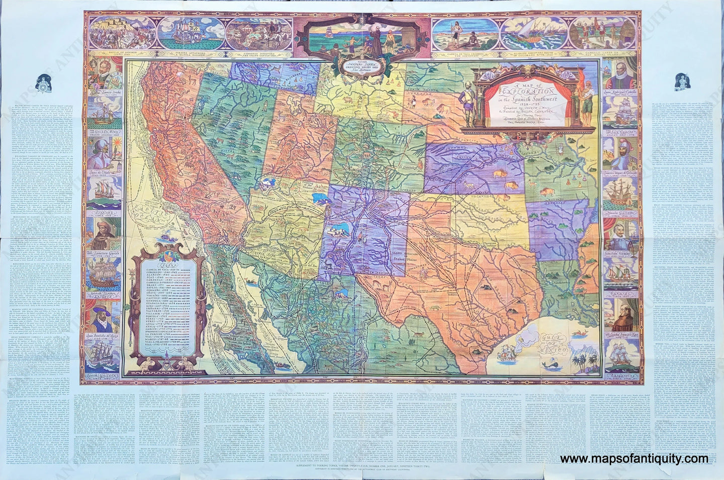 Genuine-Antique-Map-A-Map-of-Exploration-in-the-Spanish-Southwest-1528-1793-1932-Lauritzen-Automobile-Club-of-Southern-California-Maps-Of-Antiquity