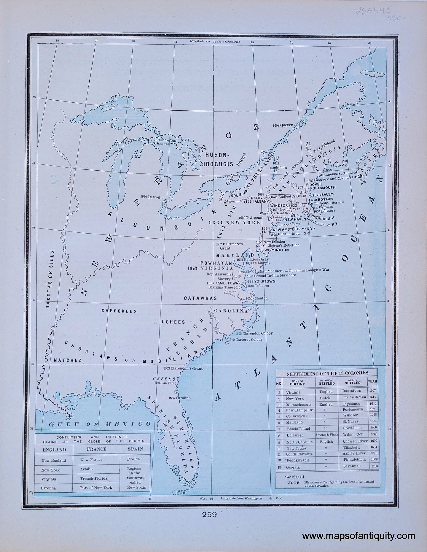 1900 - Settlement of the 13 Colonies - Antique Map