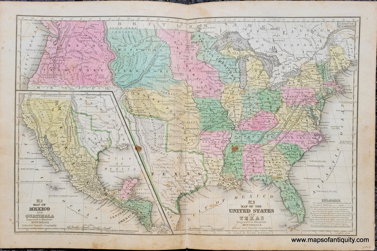 Antique map of the United States from circa 1845 with original hand-coloring. States and territories are colored in antique tones of pink, yellow, blue, and green. Texas has an outline color because it was a republic at this time. An inset map shows Mexico when it owned everything west of the Rio Grande including California. The antique paper has some brown spots near the center and also some other minor spots and stains