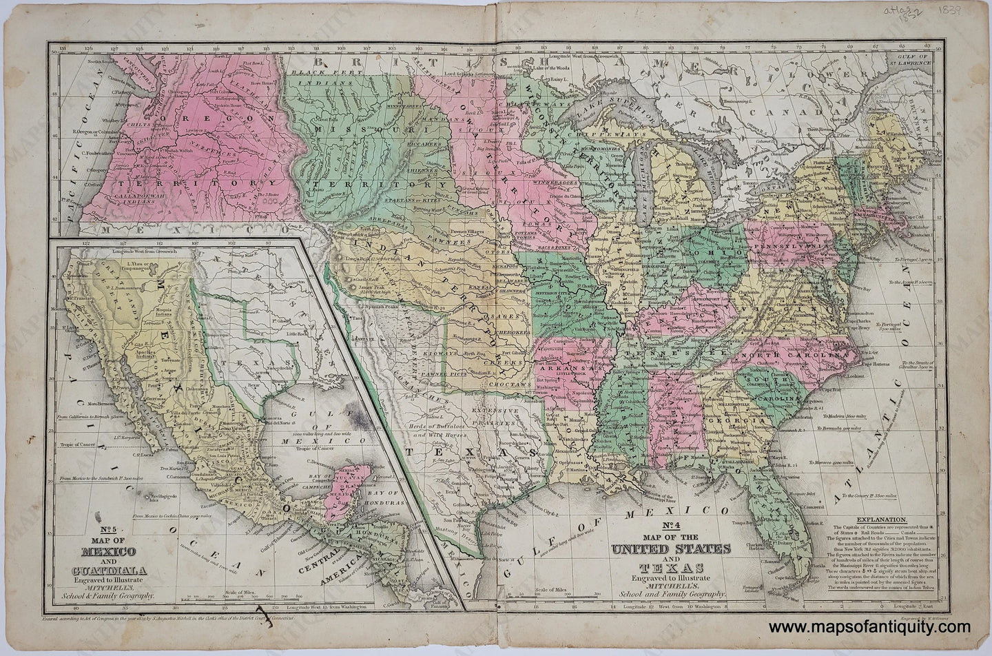 Antique 1839 map of the United States from an 1852 atlas with original hand-coloring. States and territories are colored in antique tones of pink, yellow, blue, and green. Texas has an outline color because it was a republic at this time. An inset map shows Mexico when it owned everything west of the Rio Grande including California. The antique paper has some brown spots near the center and also some other minor spots and stains