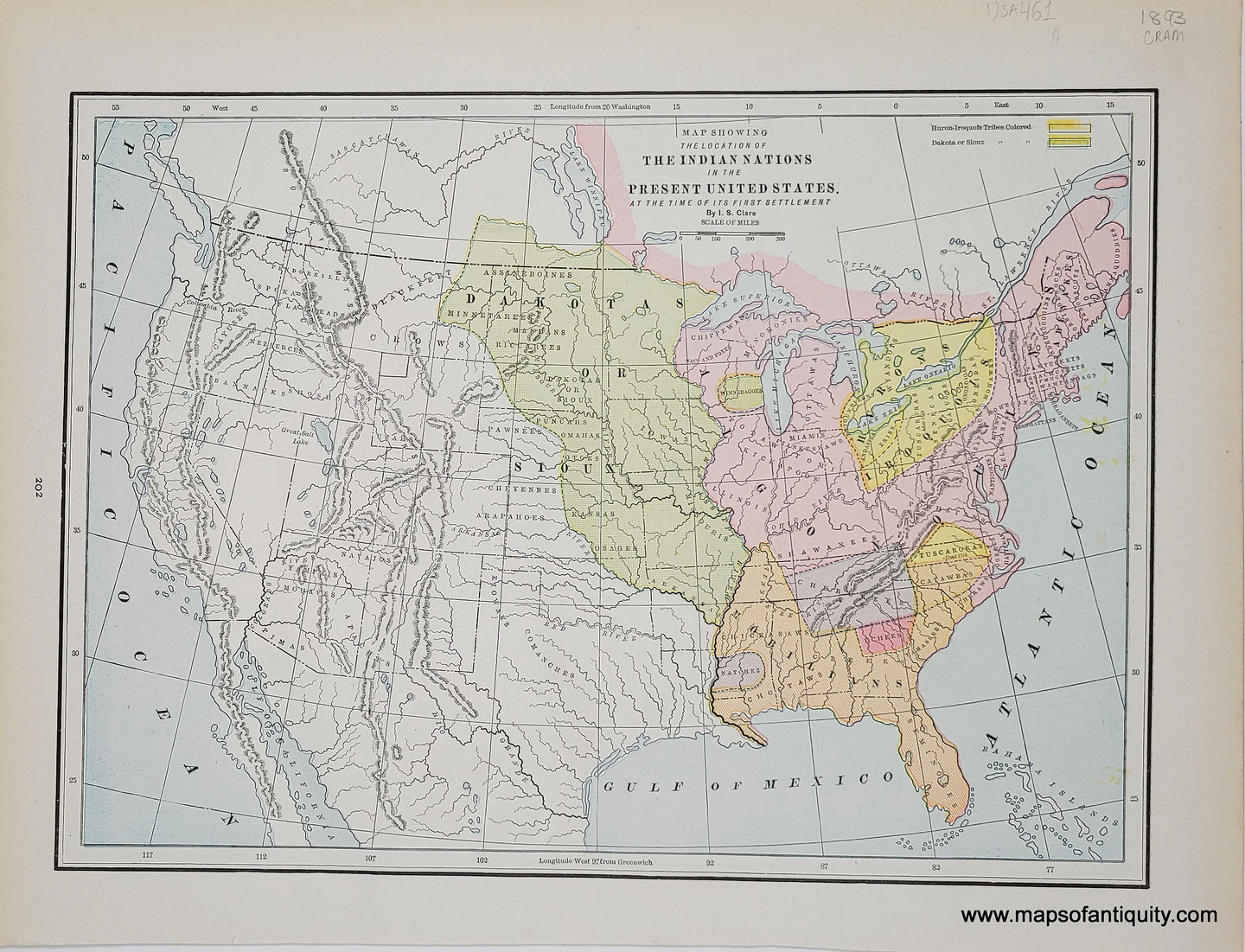 1893 - Map Showing the Location of the Indian Nations in the Present United States, At the Time of Its First Settlement. Verso: Map Showing the Territorial Growth of the United States 1776-1891) - Antique Map