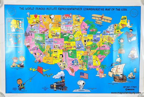 Genuine-Original-Map-The-World-Famous-MetLife-Representatives-Commemorative-Map-of-the-United-States-Snoopy-Peanuts-Schulz-1992-MetLife-Maps-Of-Antiquity