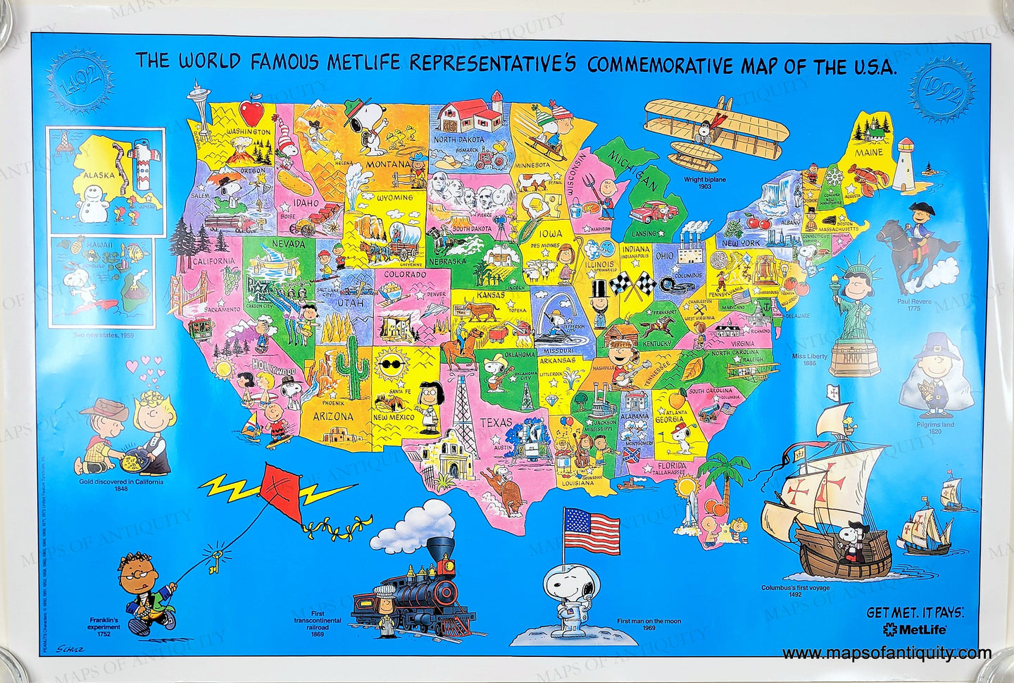Genuine-Original-Map-The-World-Famous-MetLife-Representatives-Commemorative-Map-of-the-United-States-Snoopy-Peanuts-Schulz-1992-MetLife-Maps-Of-Antiquity