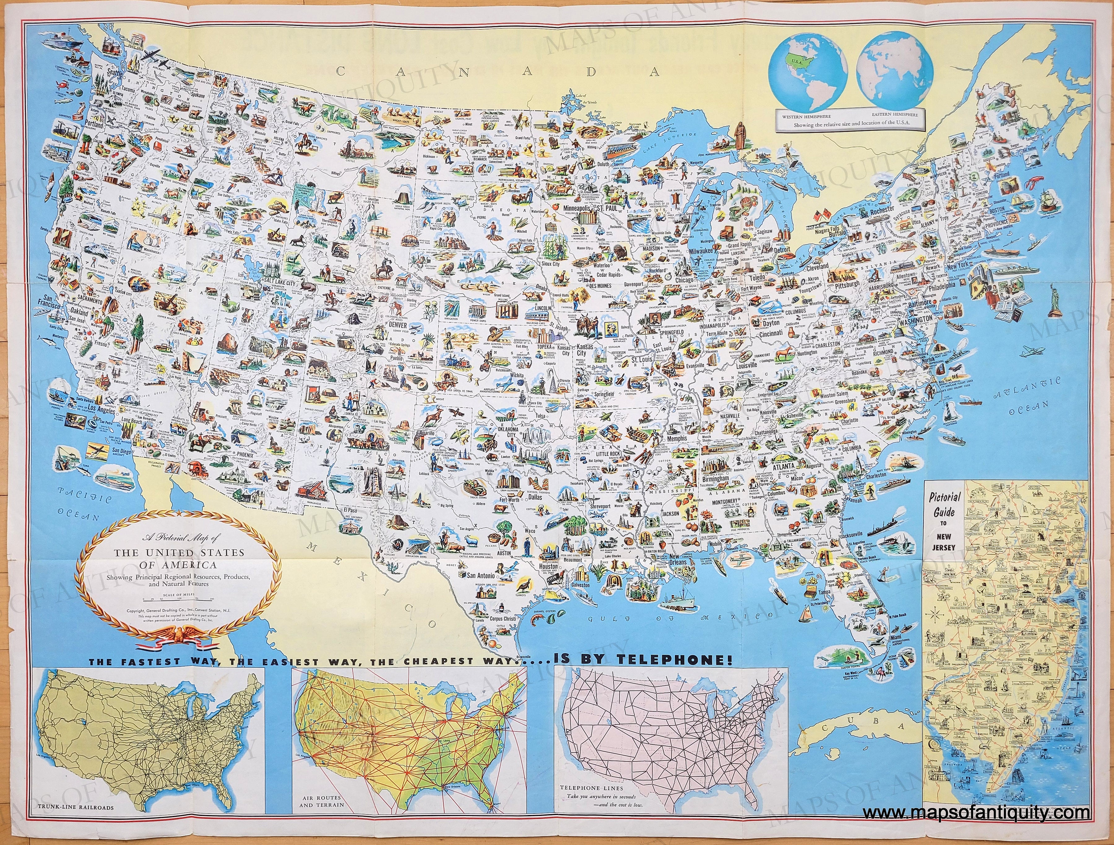 1955 - A Pictorial Map of the United States of America Showing Princip ...