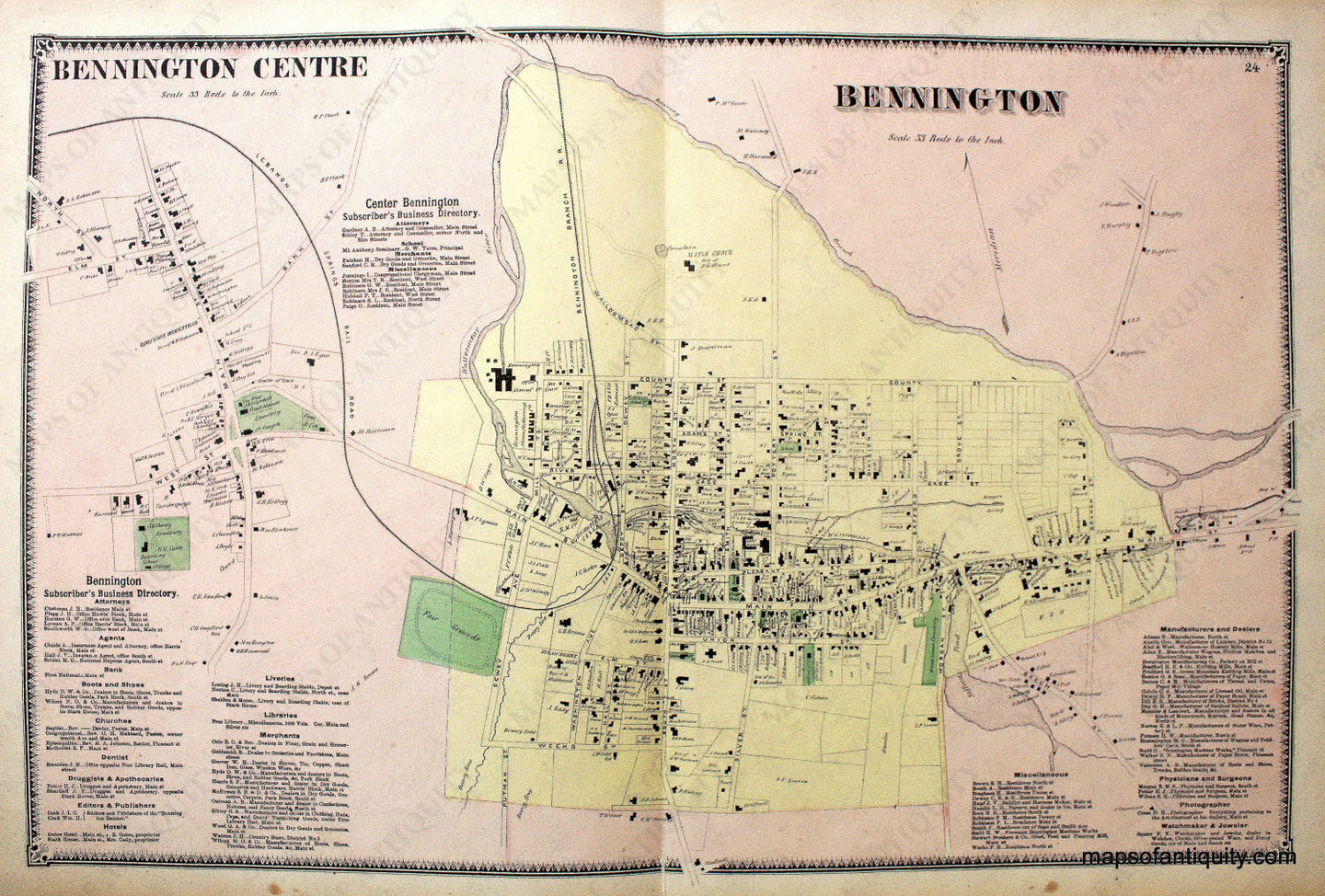 Antique-Hand-Colored-Map-Bennington-VT---Vermont-United-States-Northeast-1869-Beers-Maps-Of-Antiquity