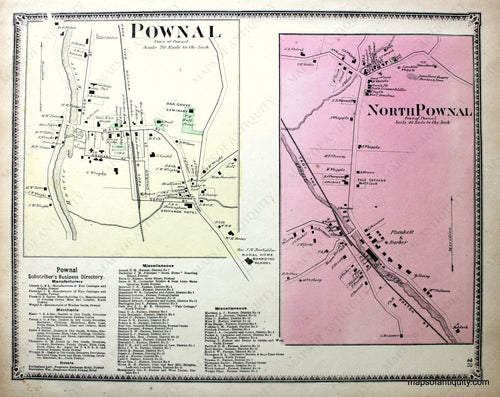 Antique-Hand-Colored-Map-Pownal-North-Pownal-VT---Vermont-United-States-Northeast-1869-Beers-Maps-Of-Antiquity