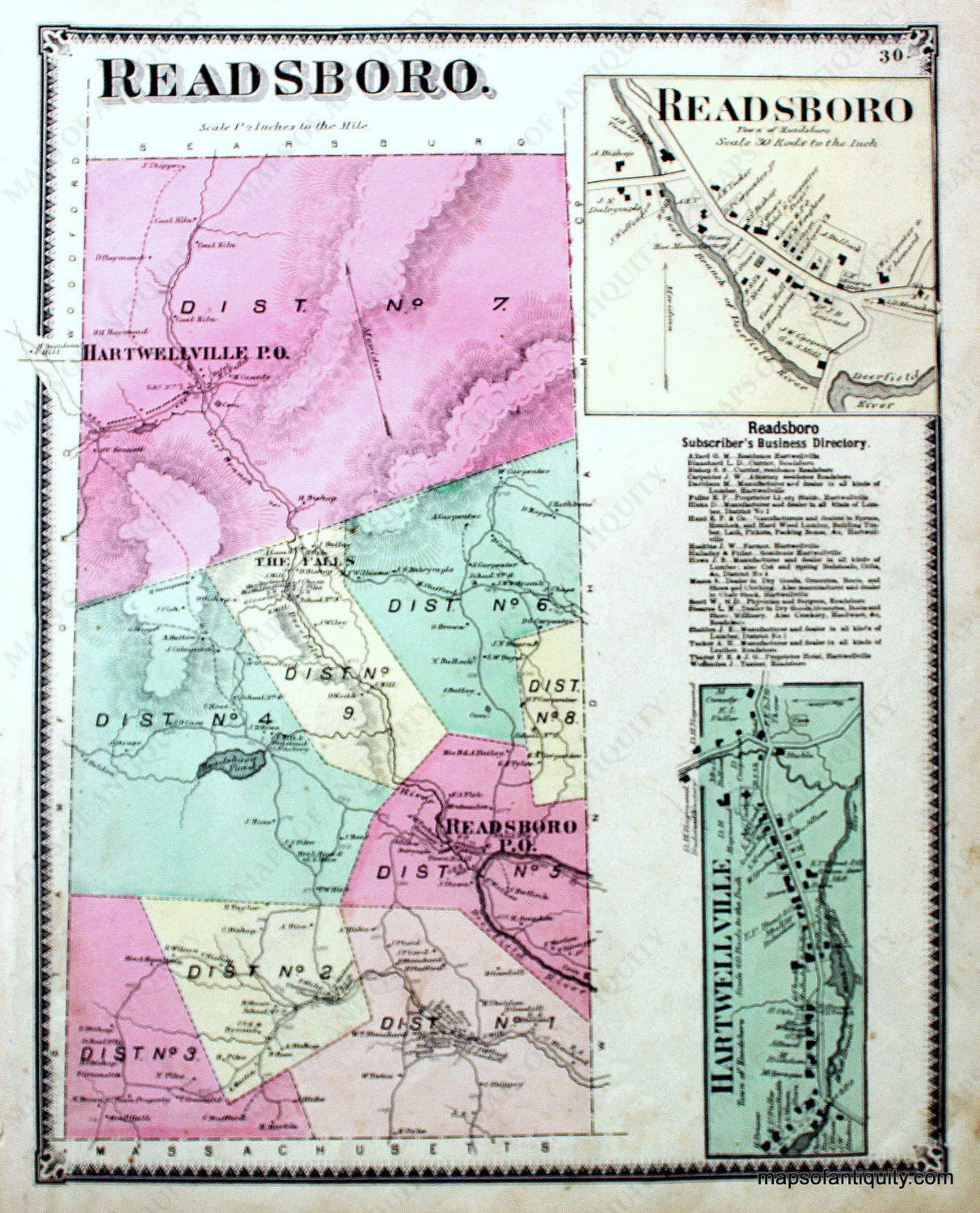 Antique-Hand-Colored-Map-Readsboro-Hartwellville-VT---Vermont-United-States-Northeast-1869-Beers-Maps-Of-Antiquity