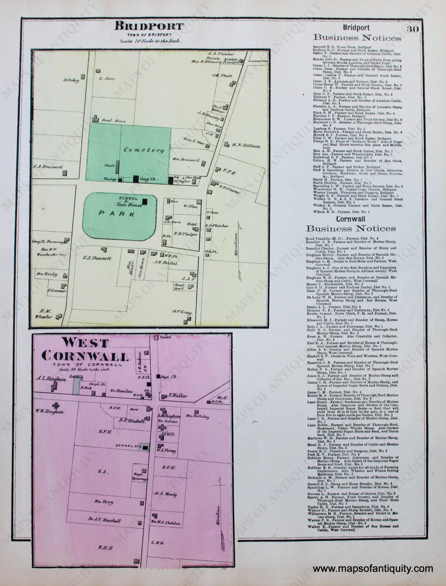 Antique-Hand-Colored-Map-Bridport-Town-of-West-Cornwall-VT---Vermont-United-States-Northeast-1871-Beers-Maps-Of-Antiquity