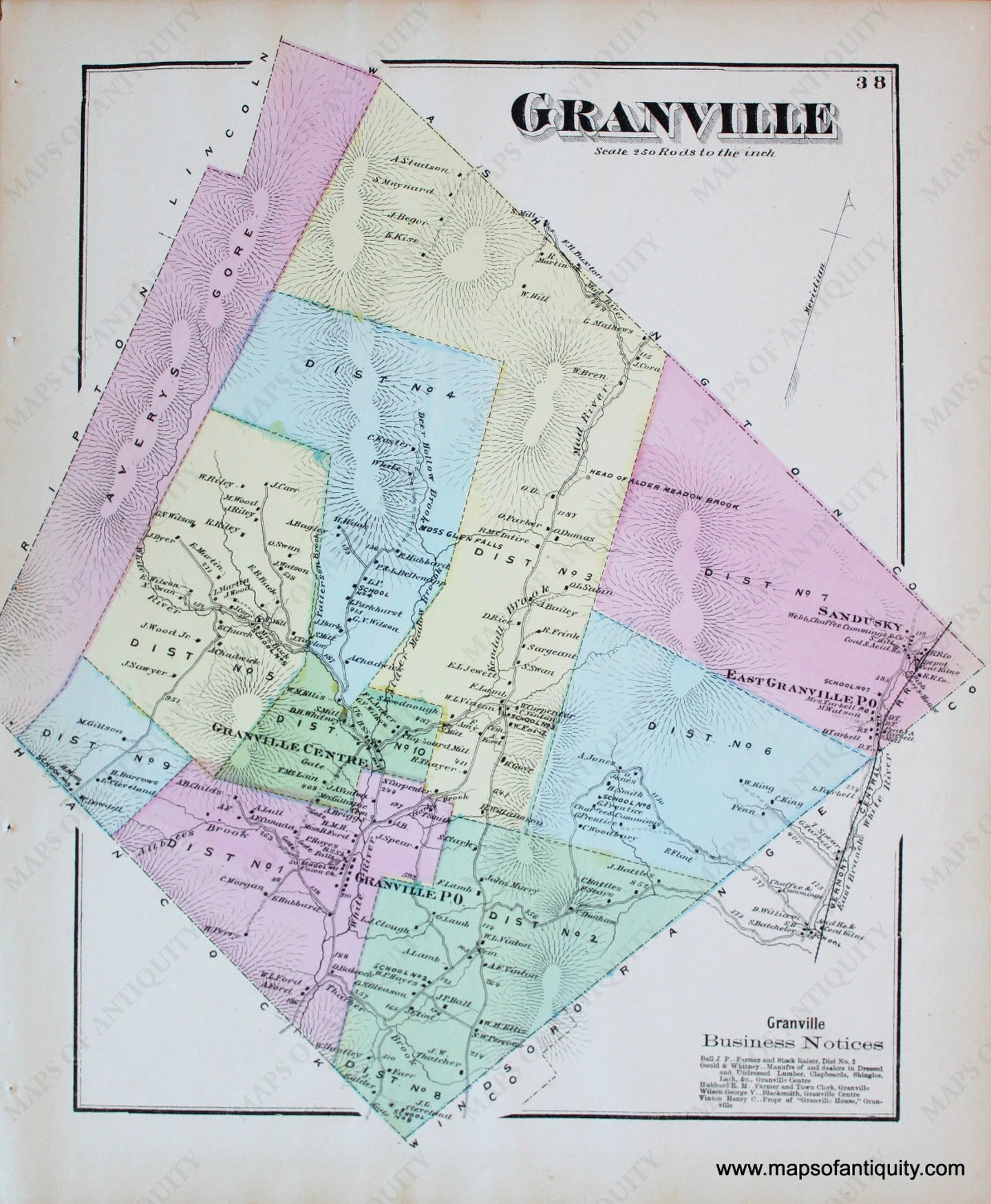 Antique-Hand-Colored-Map-Granville-VT---Vermont-United-States-Northeast-1871-Beers-Maps-Of-Antiquity