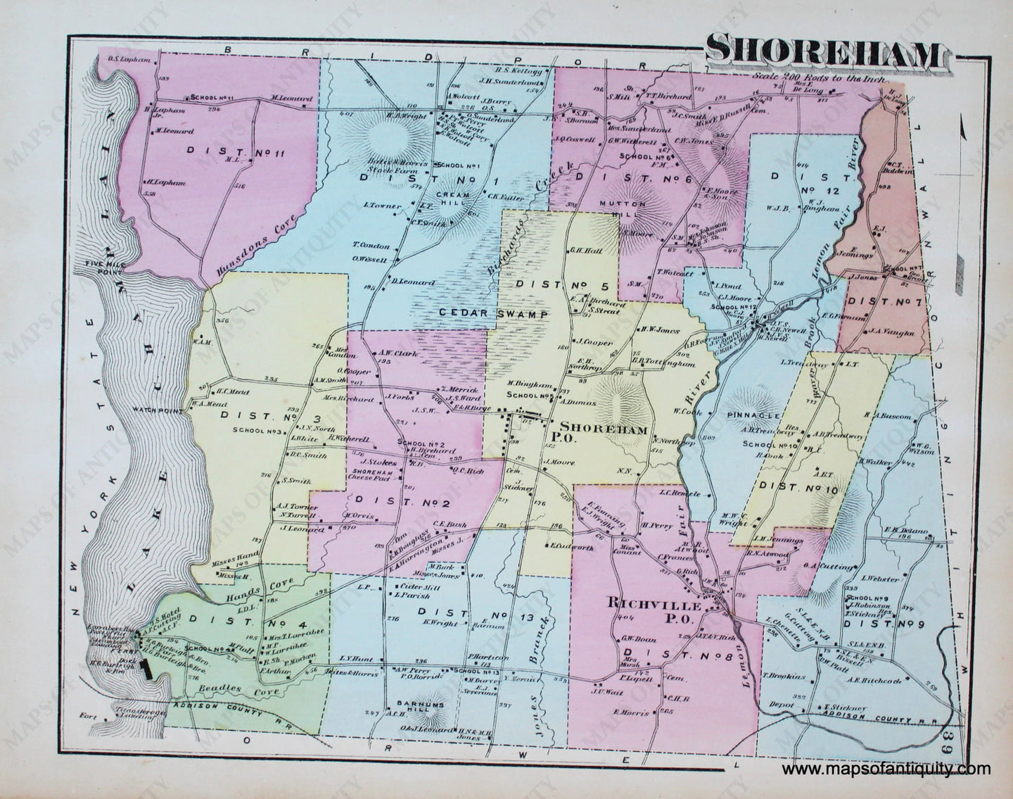 Antique-Hand-Colored-Map-Shoreham-VT---Vermont-United-States-Northeast-1871-Beers-Maps-Of-Antiquity