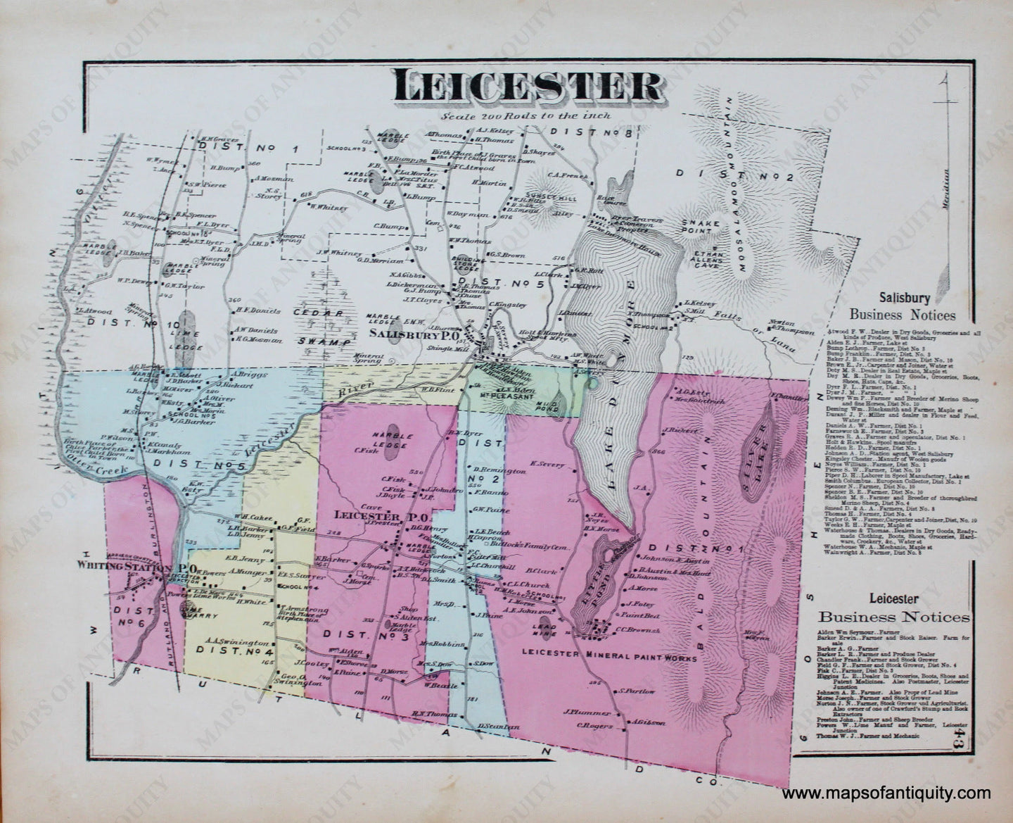 Antique-Hand-Colored-Map-Leicester-VT---Vermont-United-States-Northeast-1871-Beers-Maps-Of-Antiquity