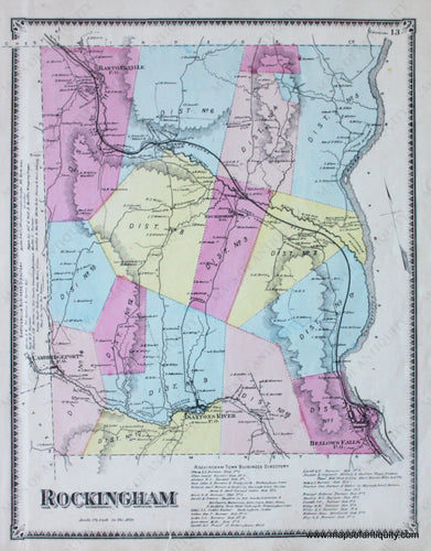 Antique-Hand-Colored-Map-Rockingham-VT---Vermont-United-States-Northeast-1869-Beers-Maps-Of-Antiquity