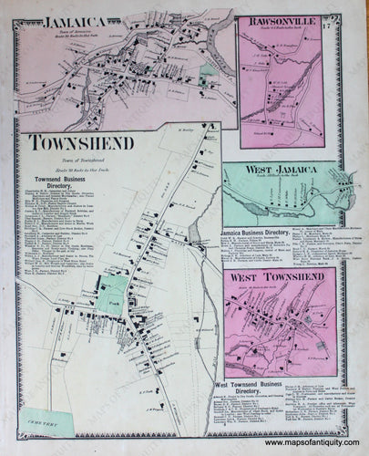 Antique-Hand-Colored-Map-Townsend-&-Jamaica-VT---Vermont-United-States-Northeast-1869-Beers-Maps-Of-Antiquity