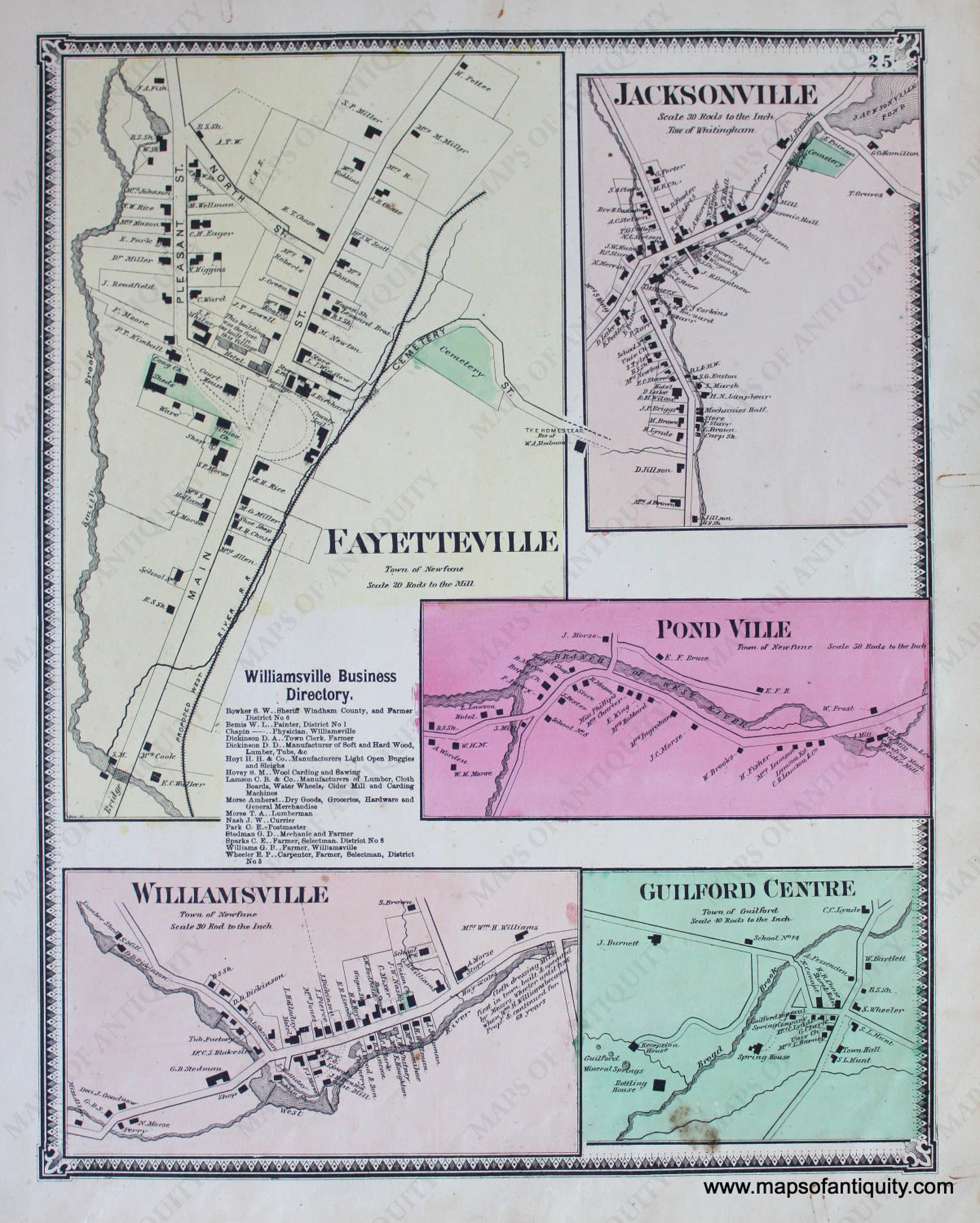 Antique-Hand-Colored-Map-Jacksonville-Fayetteville-Pond-Ville-Williamsville-Guilford-Centre-VT---Vermont-United-States-Northeast-1869-Beers-Maps-Of-Antiquity