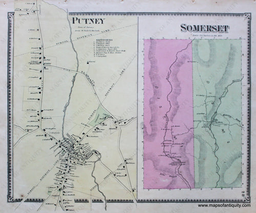 Antique-Hand-Colored-Map-Putney-Somerset-VT---Vermont-United-States-Northeast-1869-Beers-Maps-Of-Antiquity