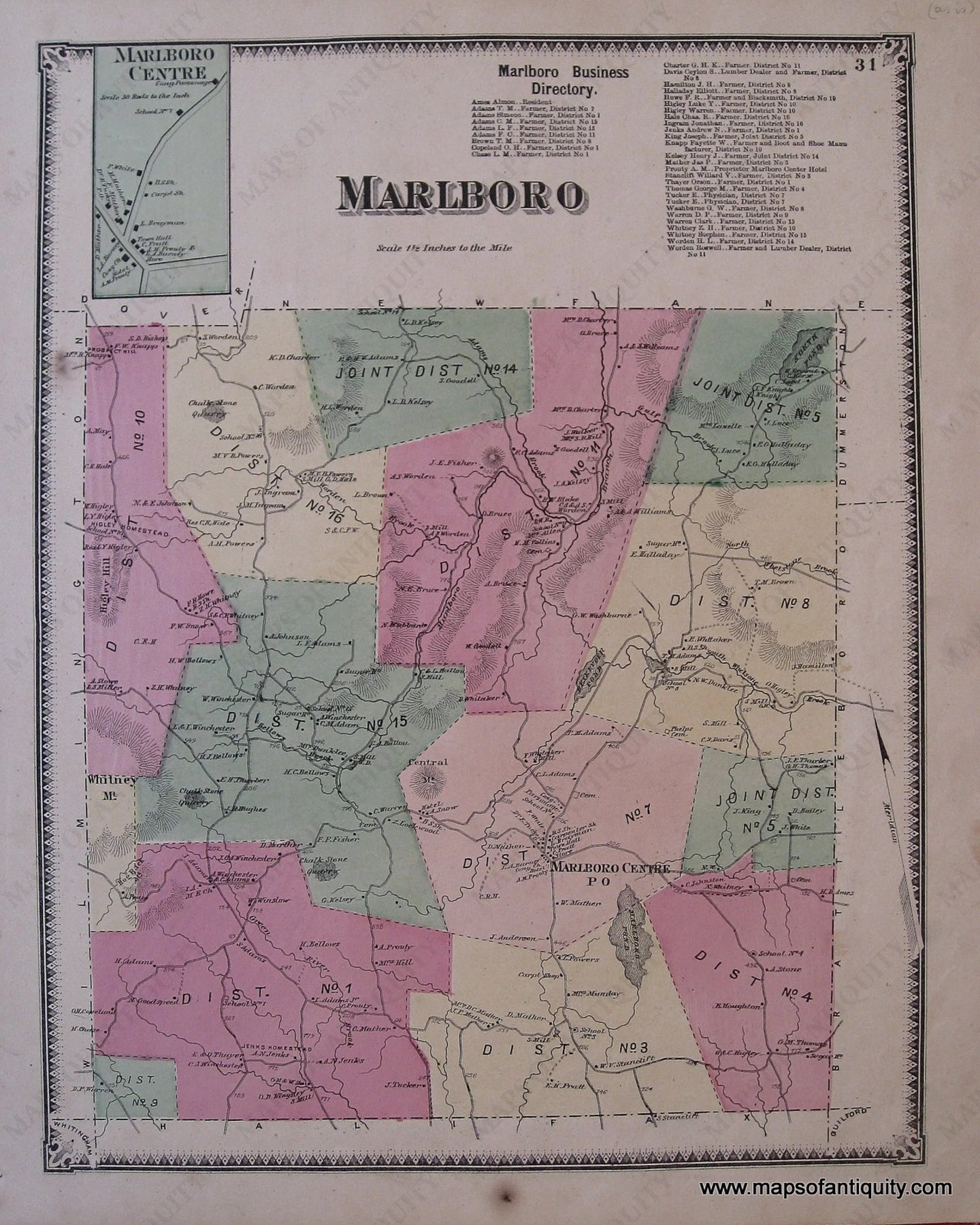 Antique-Hand-Colored-Map-Marlboro-VT---Vermont-United-States-Northeast-1869-Beers-Maps-Of-Antiquity