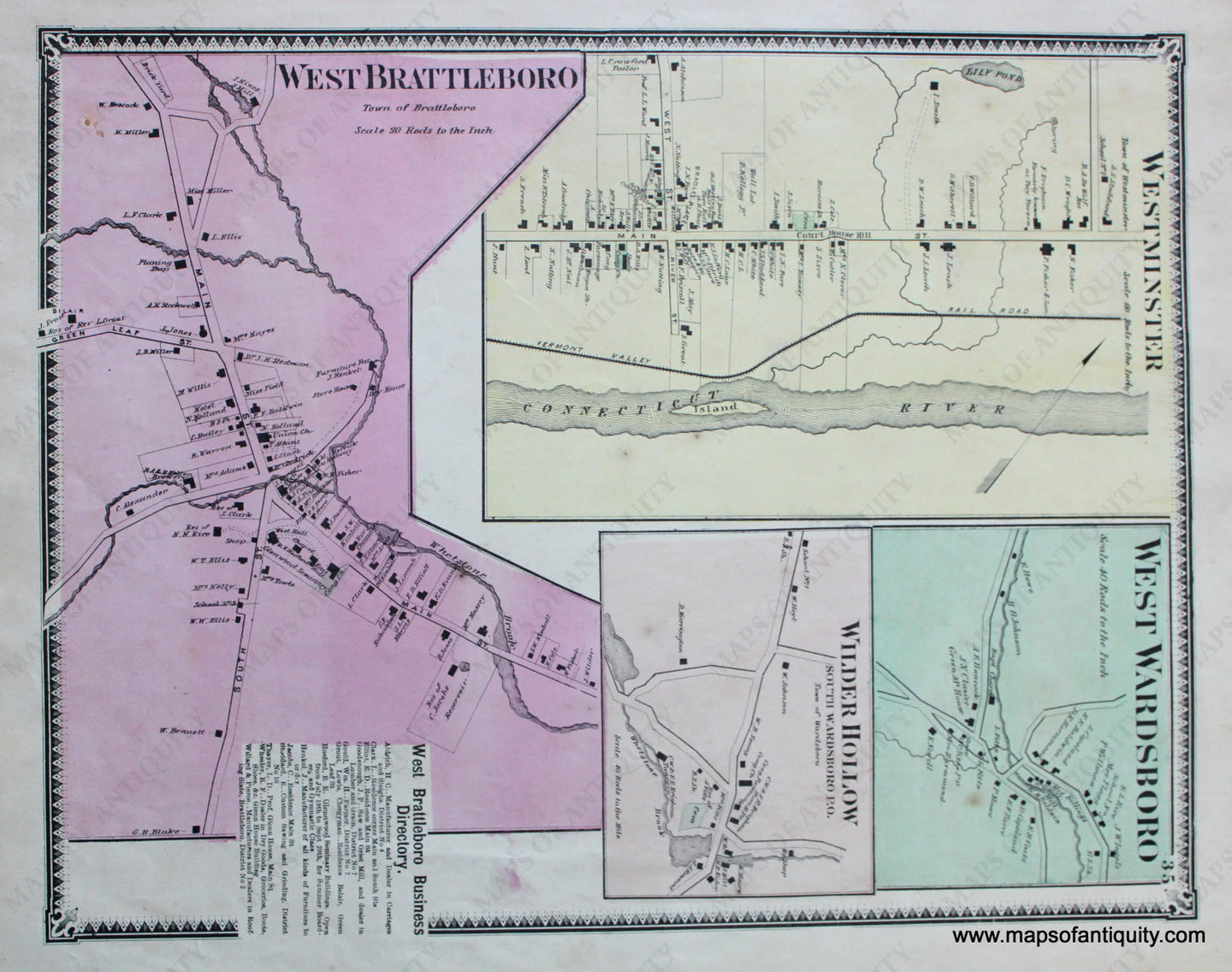 Antique-Hand-Colored-Map-West-Brattleboro-Westminsters-West-Wardsboro-Wilder-Hollow-VT---Vermont-United-States-Northeast-1869-Beers-Maps-Of-Antiquity