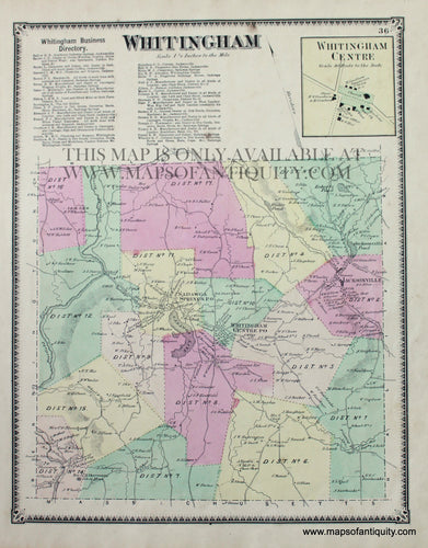 ANtique map of Whitingham Vermont, hand-colored by districts in tones of green, pink, yellow, and peach. THIS MAP IS ONLY AVAILABLE AT www.mapsofantiquity.com