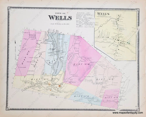 Antique map of Wells Vermont VT, hand-colored by district in colors of pale yellow, blue, pink, and peach. It shows property owners names along the roads, with rivers and mountains.