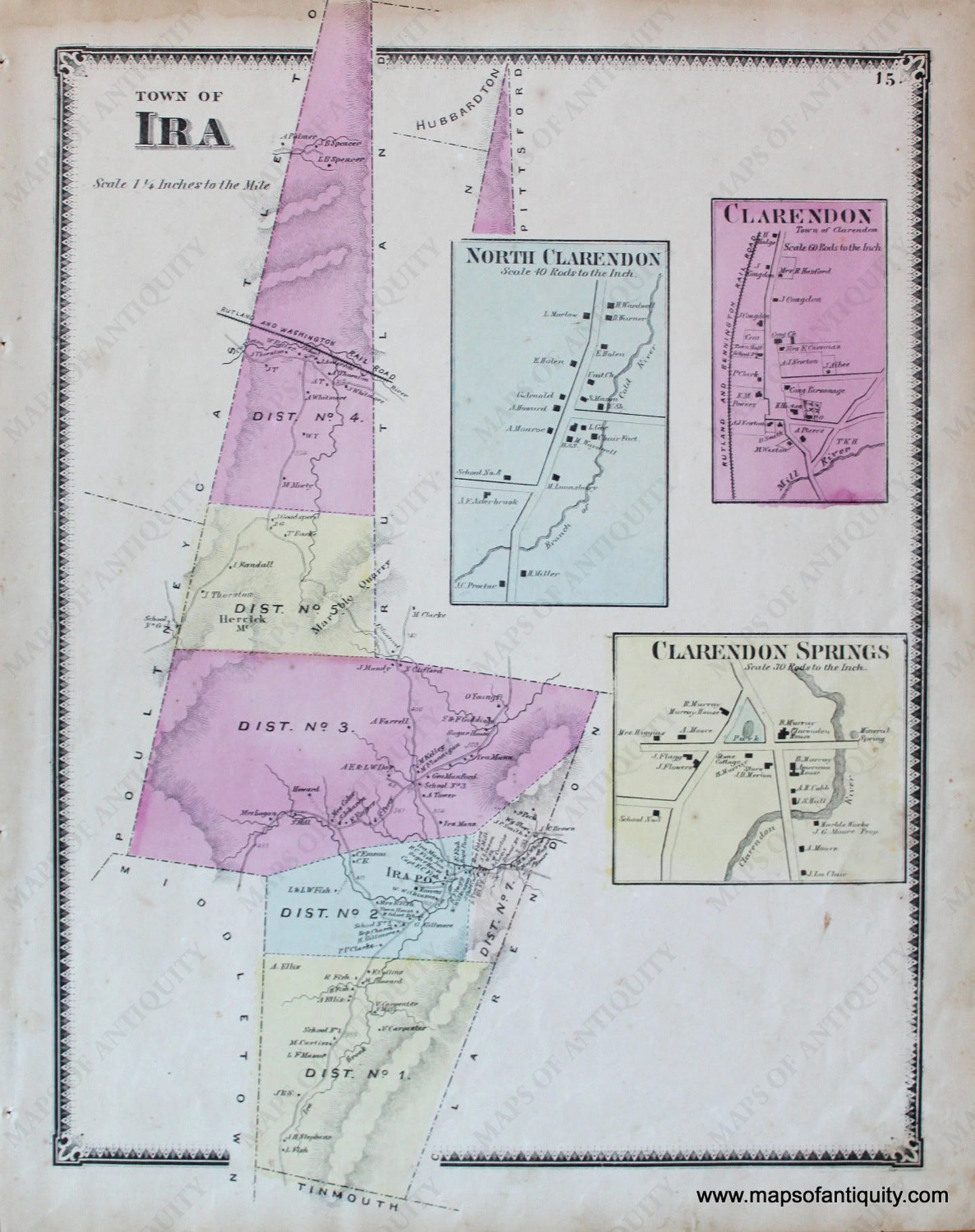 Antique-Hand-Colored-Map-Ira-VT---Vermont-United-States-Northeast-1869-Beers-Maps-Of-Antiquity