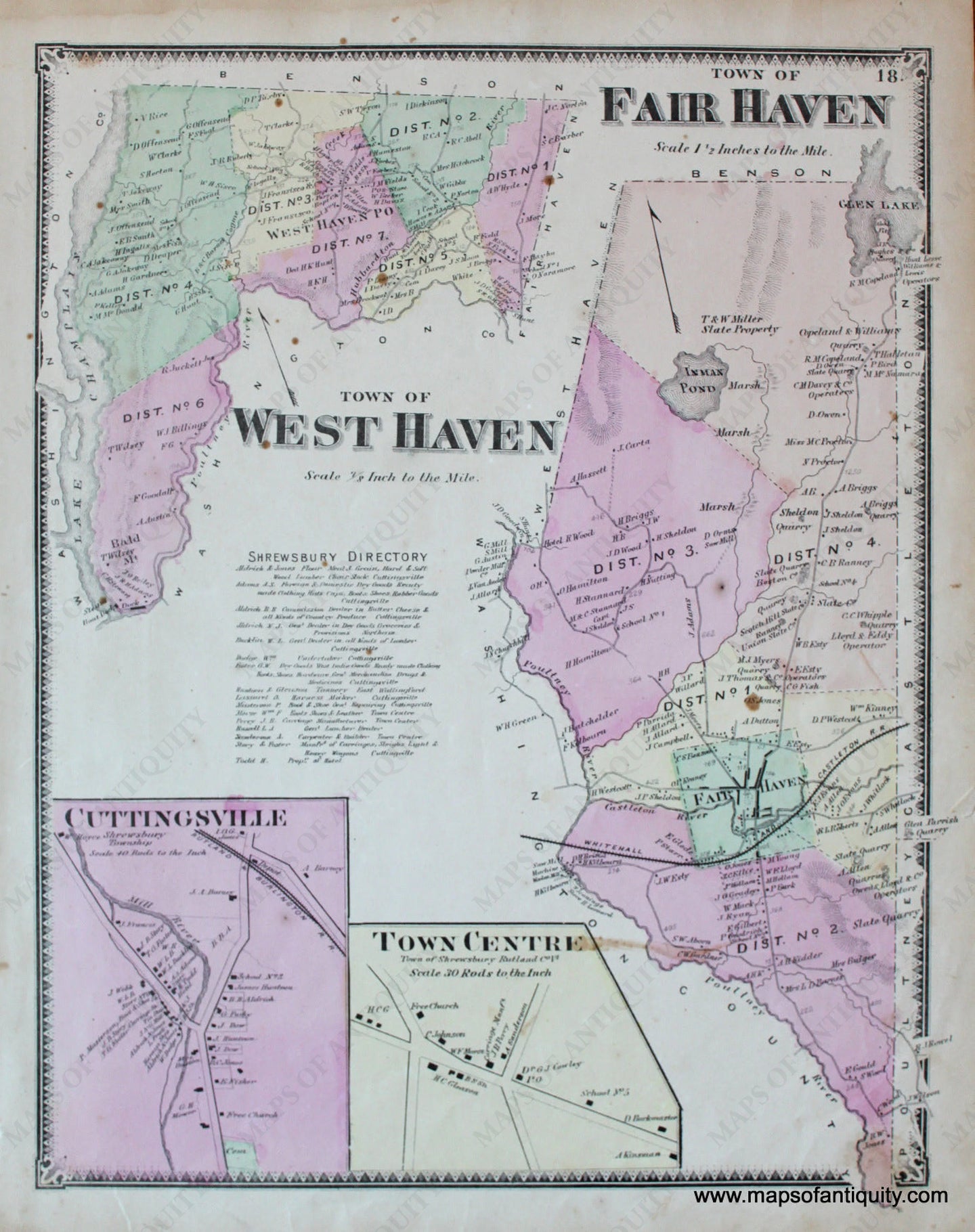 Antique-Hand-Colored-Map-Fair-Haven-and-West-Haven-VT---Vermont-United-States-Northeast-1869-Beers-Maps-Of-Antiquity