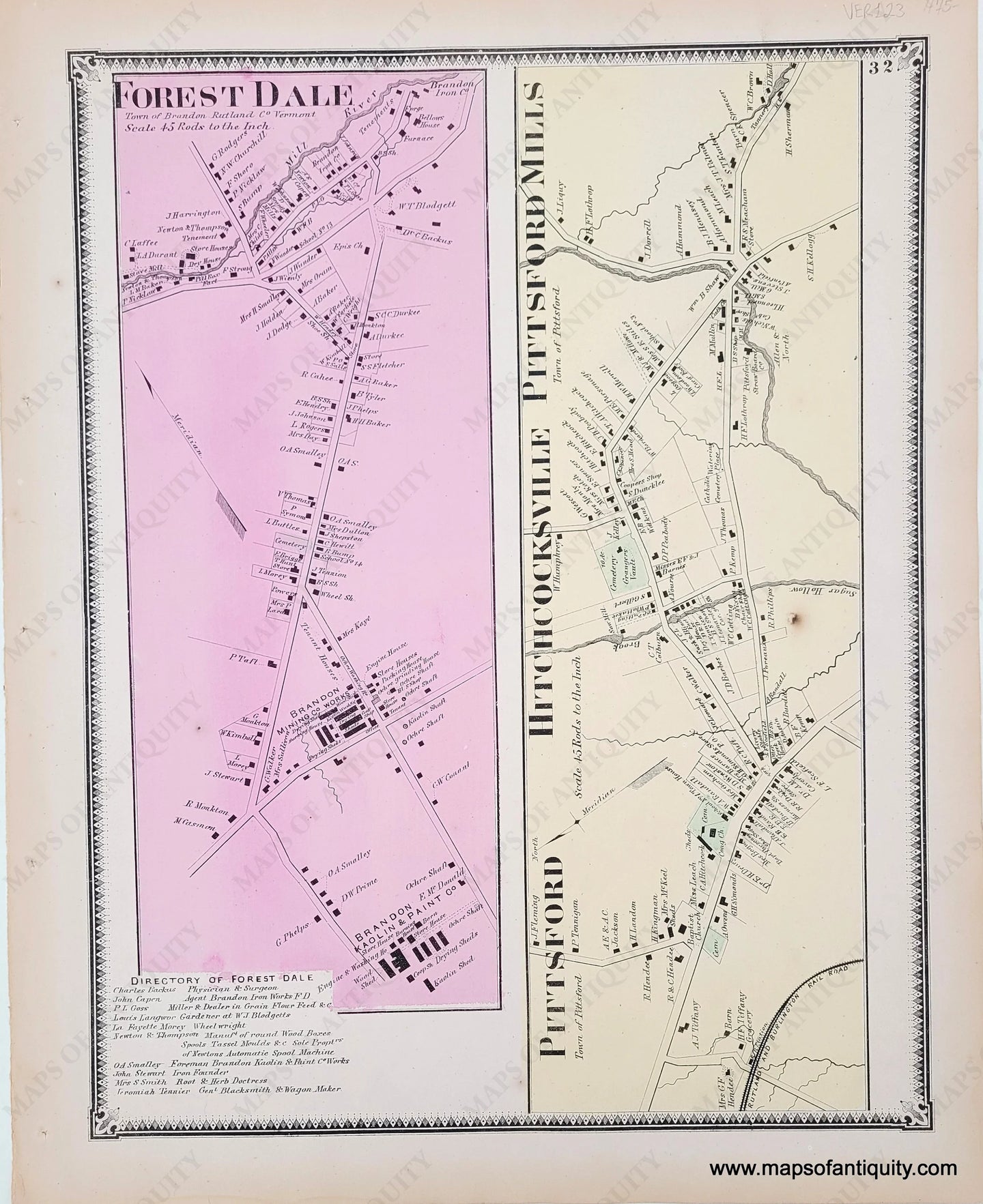 Antique-Map-Forest-Dale-Pittsford-Hitchcocksville-Pittsford-Mills-VT-Vermont-1869-Beers-Maps-of-Antiquity