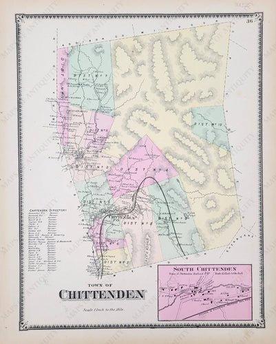 Antique-Hand-Colored-Map-Chittenden-VT---Vermont-United-States-Northeast-1869-Beers-Maps-Of-Antiquity