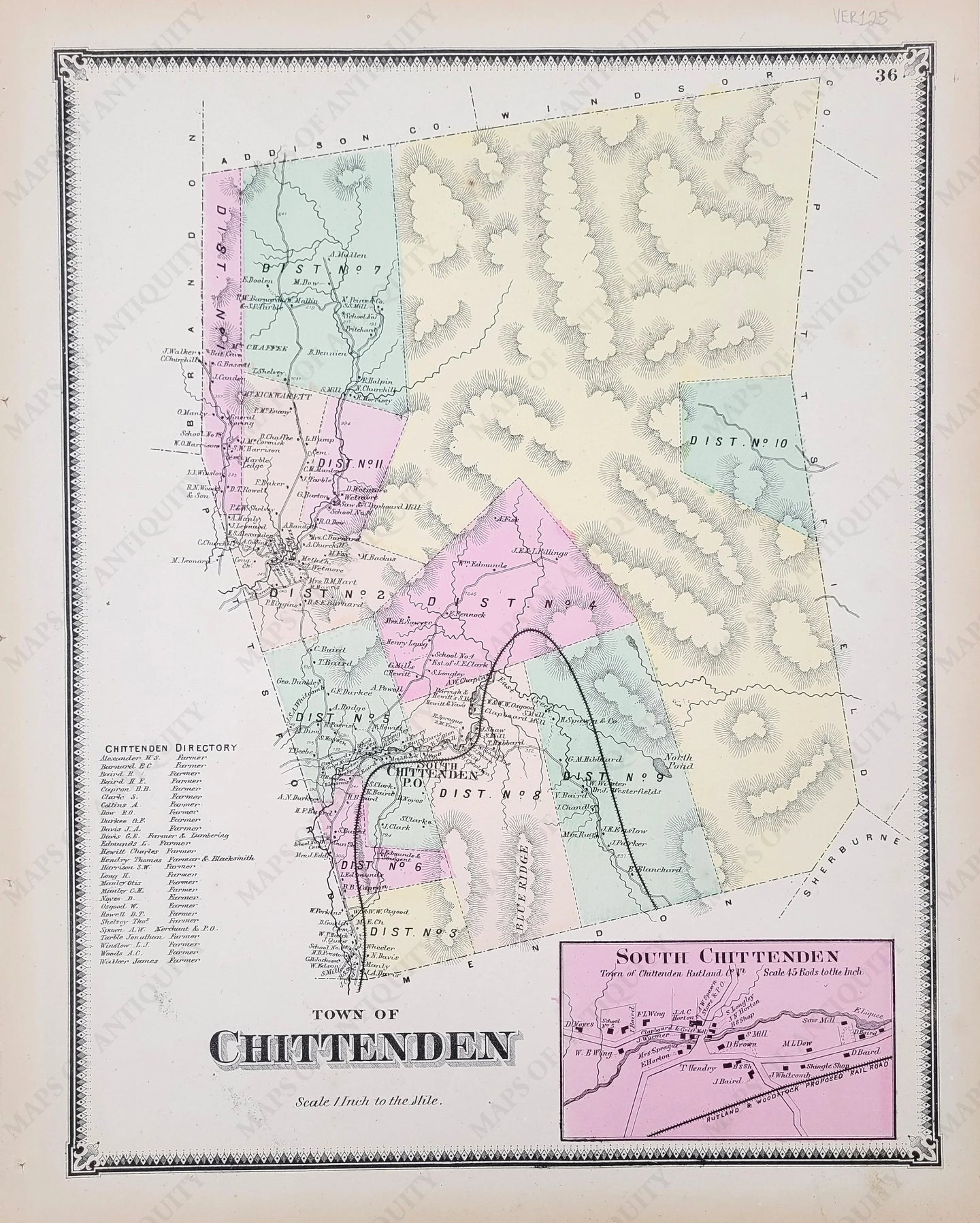 Antique-Hand-Colored-Map-Chittenden-VT---Vermont-United-States-Northeast-1869-Beers-Maps-Of-Antiquity