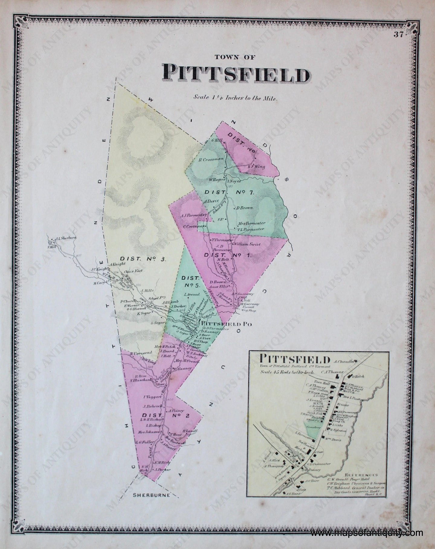 Antique-Hand-Colored-Map-Pittsfield-VT---Vermont-United-States-Northeast-1869-Beers-Maps-Of-Antiquity