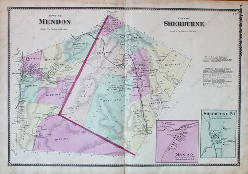 Antique-Hand-Colored-Map-Mendon-Sherburne-VT---Vermont-United-States-Northeast-1869-Beers-Maps-Of-Antiquity