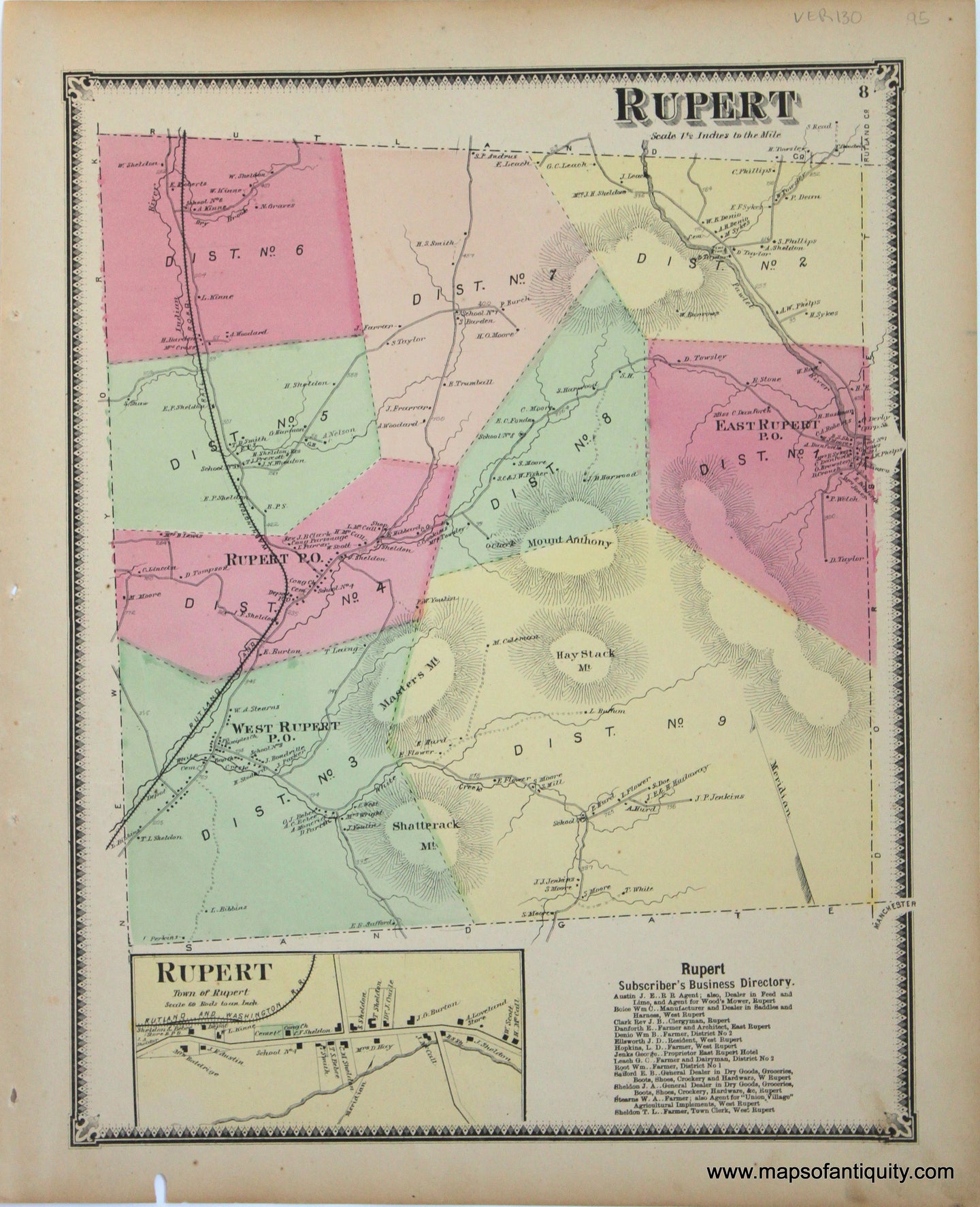 Antique-Hand-Colored-Map-Rupert-VT---Vermont-**********-United-States-Northeast-1869-Beers-Maps-Of-Antiquity