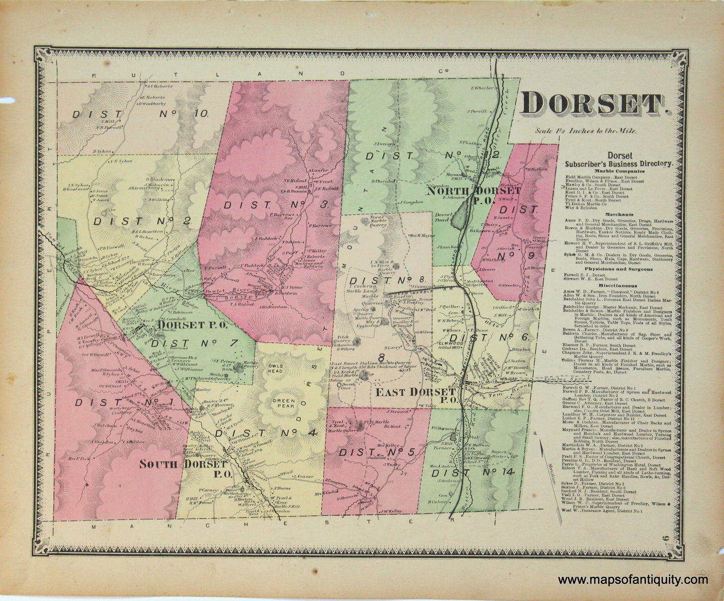 Antique-Hand-Colored-Map-Dorset-VT---Vermont-**********-United-States-Northeast-1869-Beers-Maps-Of-Antiquity