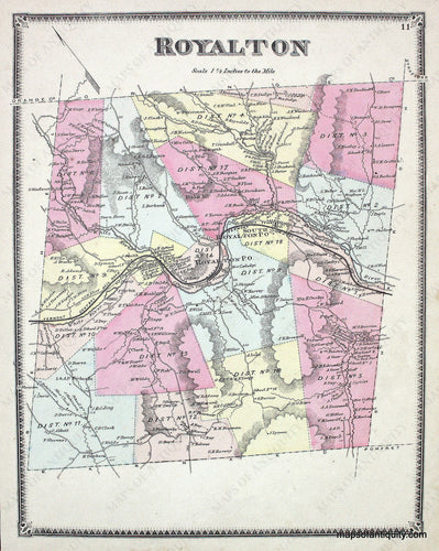 Antique-Hand-Colored-Map-Royalton-VT-Vermont--1869-Beers-Ellis-&-Soule-Maps-Of-Antiquity