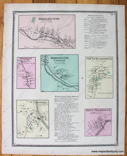 Antique-Hand-Colored-Map-Bridgewater-Taftsville-South-and-West-Woodstock-VT-1869-Beers-1800s-19th-century-Maps-of-Antiquity