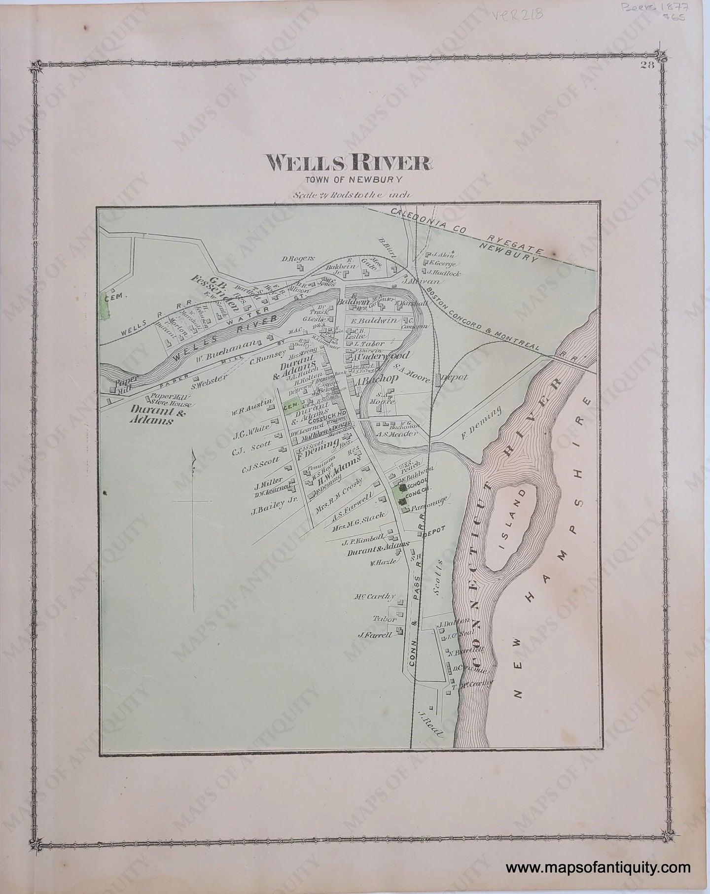 1877 - Wells River- Town Of Newbury (Vt) Antique Map Genuine