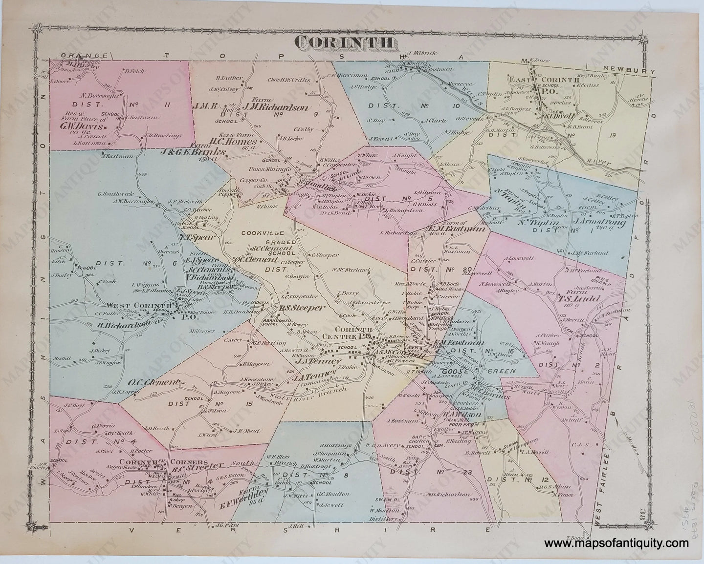 1877 - Corinth (Vt) Antique Map Hand-Colored Genuine