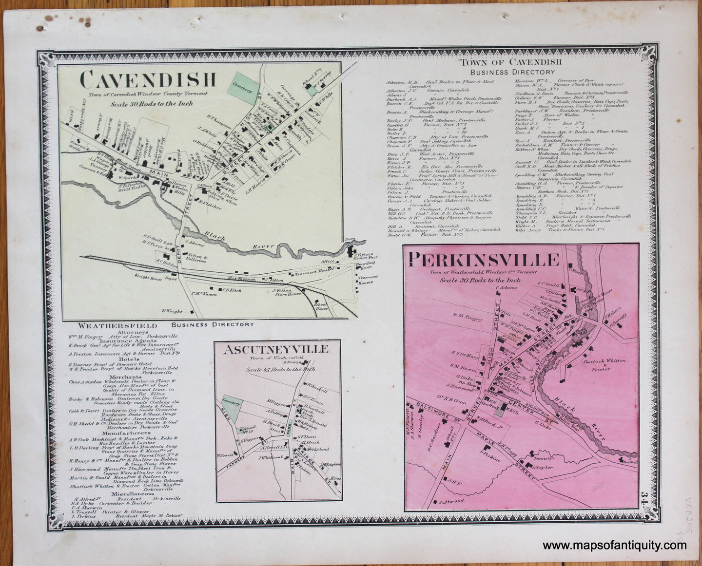 Antique-Map-Vermont-VT-Windsor-County-Town-Cavendish-Ascutneyville-Perkinsville-Beers-1869-1860s-1800s-19th-Century-Maps-of-Antiquity