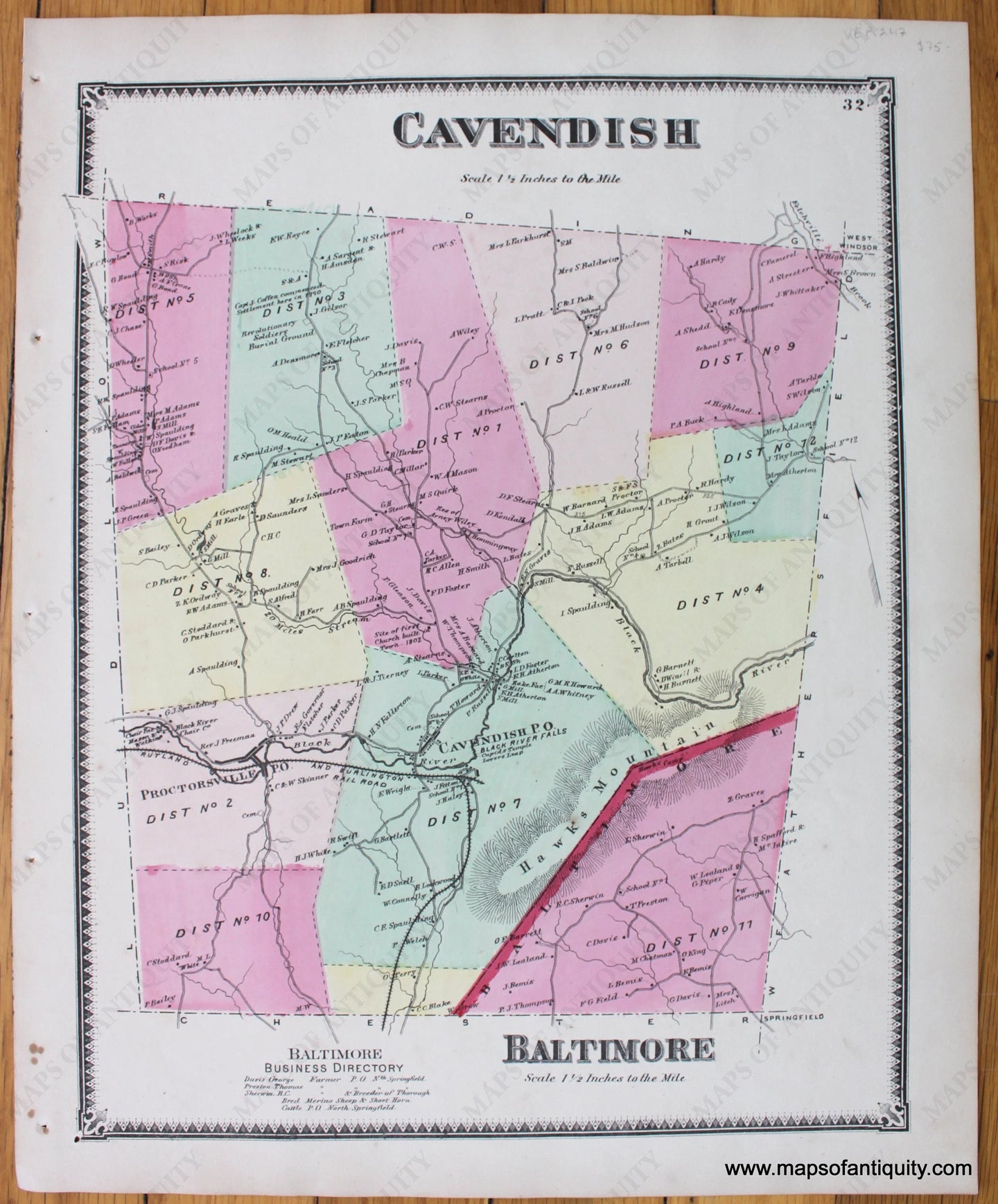 Antique-Map-Vermont-VT-Windsor-County-Town-Cavendish-Baltimore-Beers-1869-1860s-1800s-19th-Century-Maps-of-Antiquity