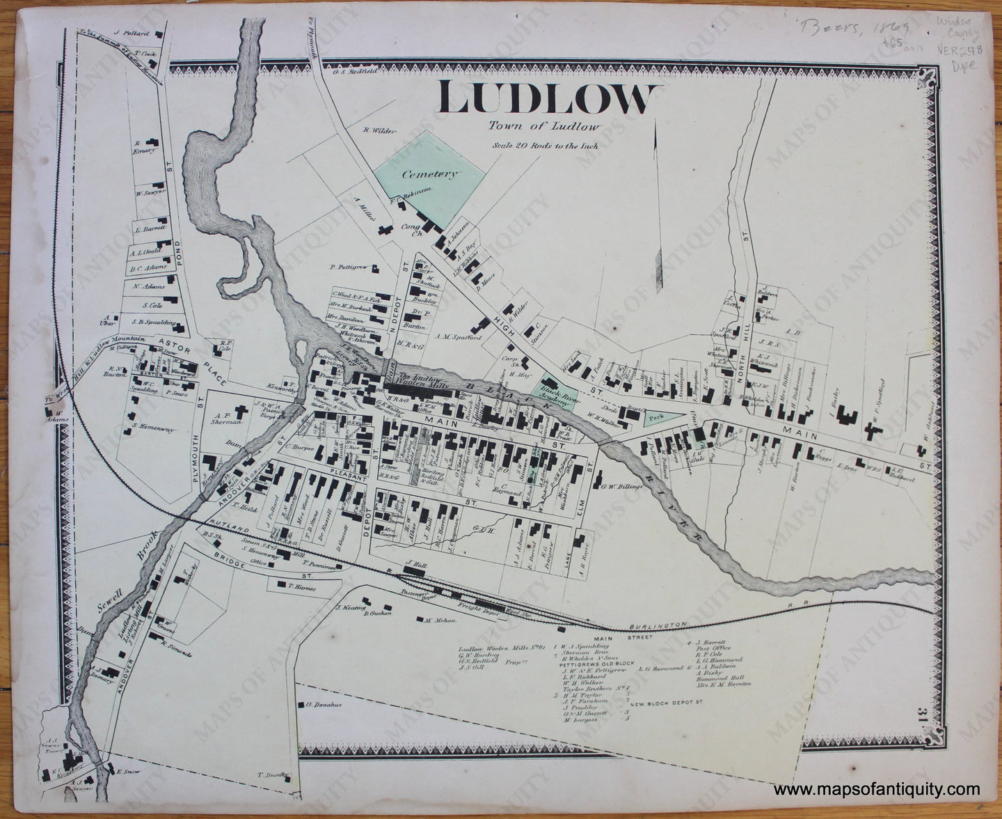 Antique-Map-Vermont-VT-Windsor-County-Town-Ludlow-Beers-1869-1860s-1800s-19th-Century-Maps-of-Antiquity