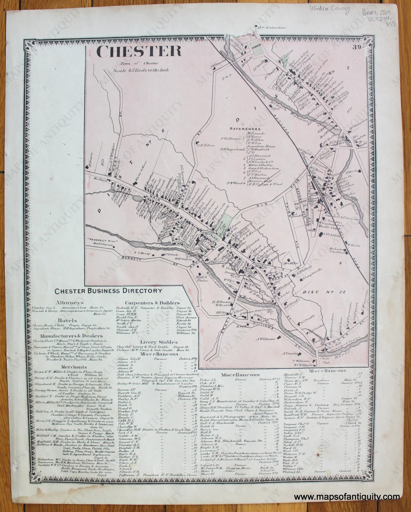 Antique-Map-Vermont-VT-Windsor-County-Town-Chester-Beers-1869-1860s-1800s-19th-Century-Maps-of-Antiquity