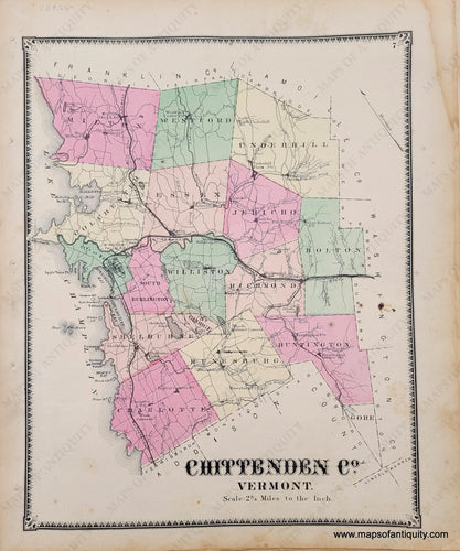 Genuine-Antique-Hand-colored-Map-Chittenden-Co.-Vermont-1869-Beers-Ellis-Soule-Maps-Of-Antiquity