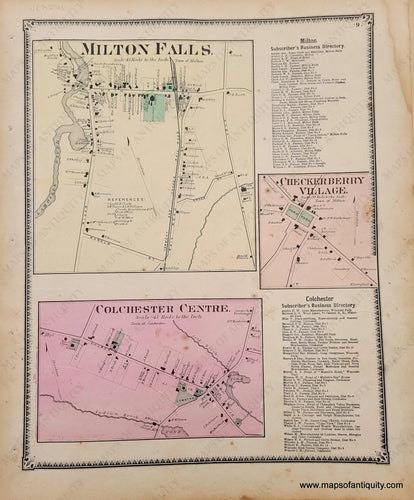 Genuine-Antique-Hand-colored-Map-Milton-Falls-Checkerberry-Village-Colchester-Centre-VT--1869-Beers-Ellis-Soule-Maps-Of-Antiquity