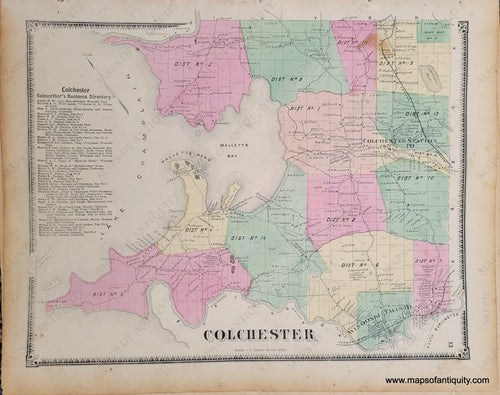 Genuine-Antique-Hand-colored-Map-Colchester-VT--1869-Beers-Ellis-Soule-Maps-Of-Antiquity