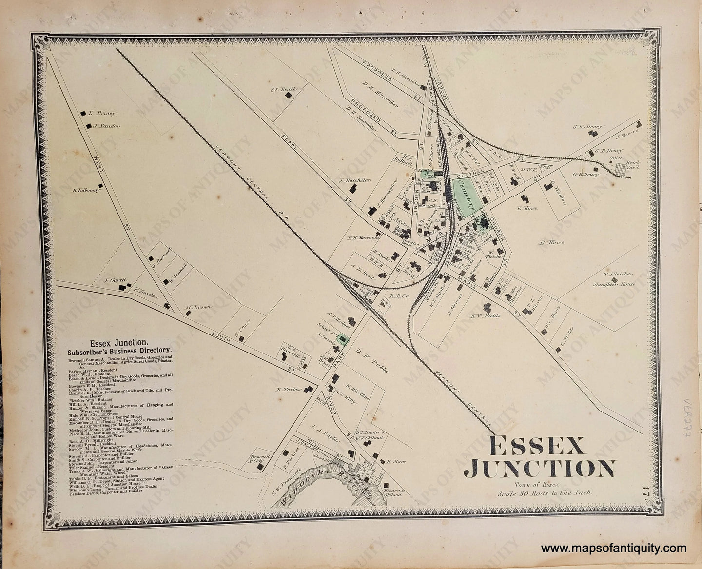 Genuine-Antique-Hand-colored-Map-Essex-Junction-VT--1869-Beers-Ellis-Soule-Maps-Of-Antiquity