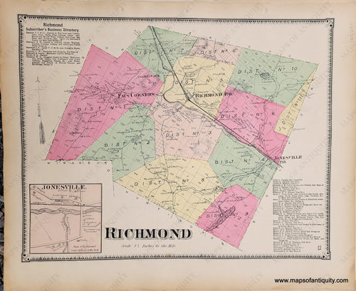 Genuine-Antique-Hand-colored-Map-Richmond-VT--1869-Beers-Ellis-Soule-Maps-Of-Antiquity