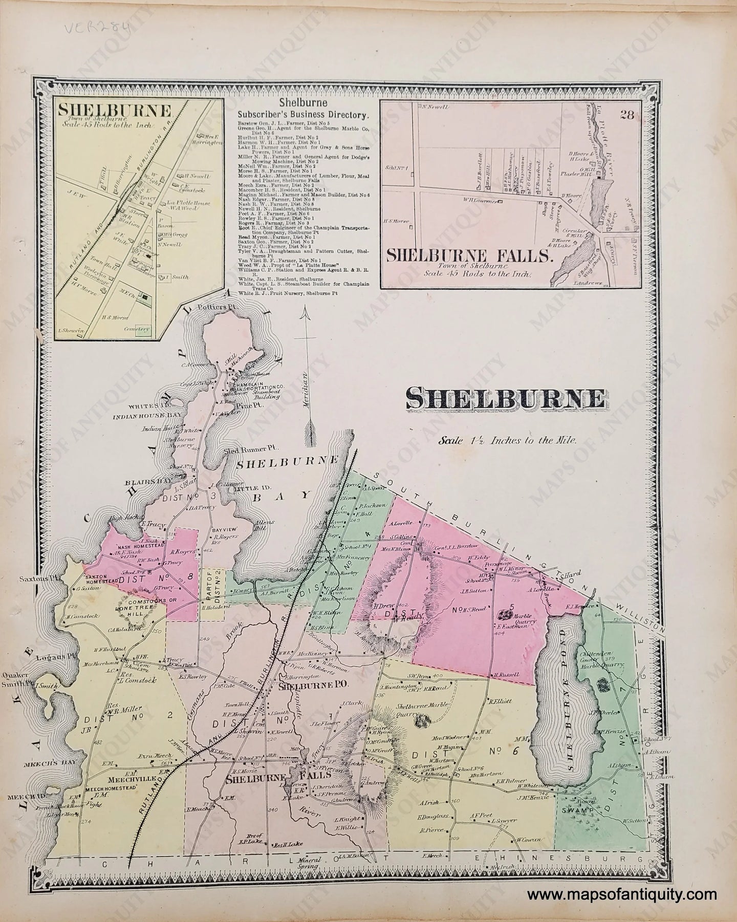 Genuine-Antique-Hand-colored-Map-Shelburne-VT--1869-Beers-Ellis-Soule-Maps-Of-Antiquity