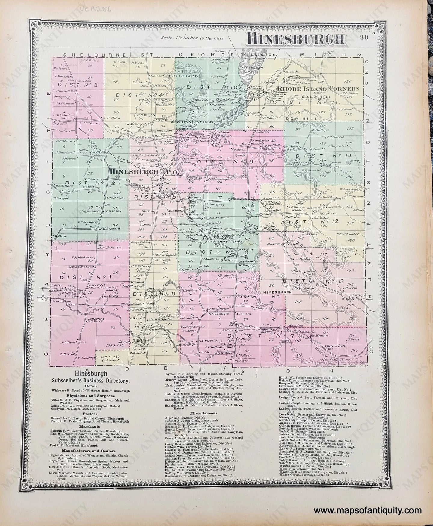 Genuine-Antique-Hand-colored-Map-Hinesburgh-VT--1869-Beers-Ellis-Soule-Maps-Of-Antiquity