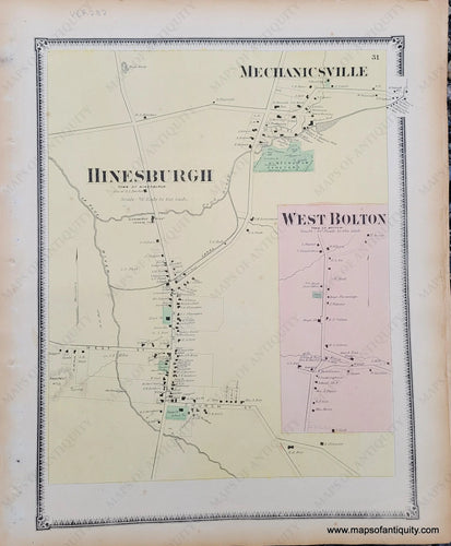 Genuine-Antique-Hand-colored-Map-Mechanicsville-Hinesburgh-West-Bolton-VT--1869-Beers-Ellis-Soule-Maps-Of-Antiquity